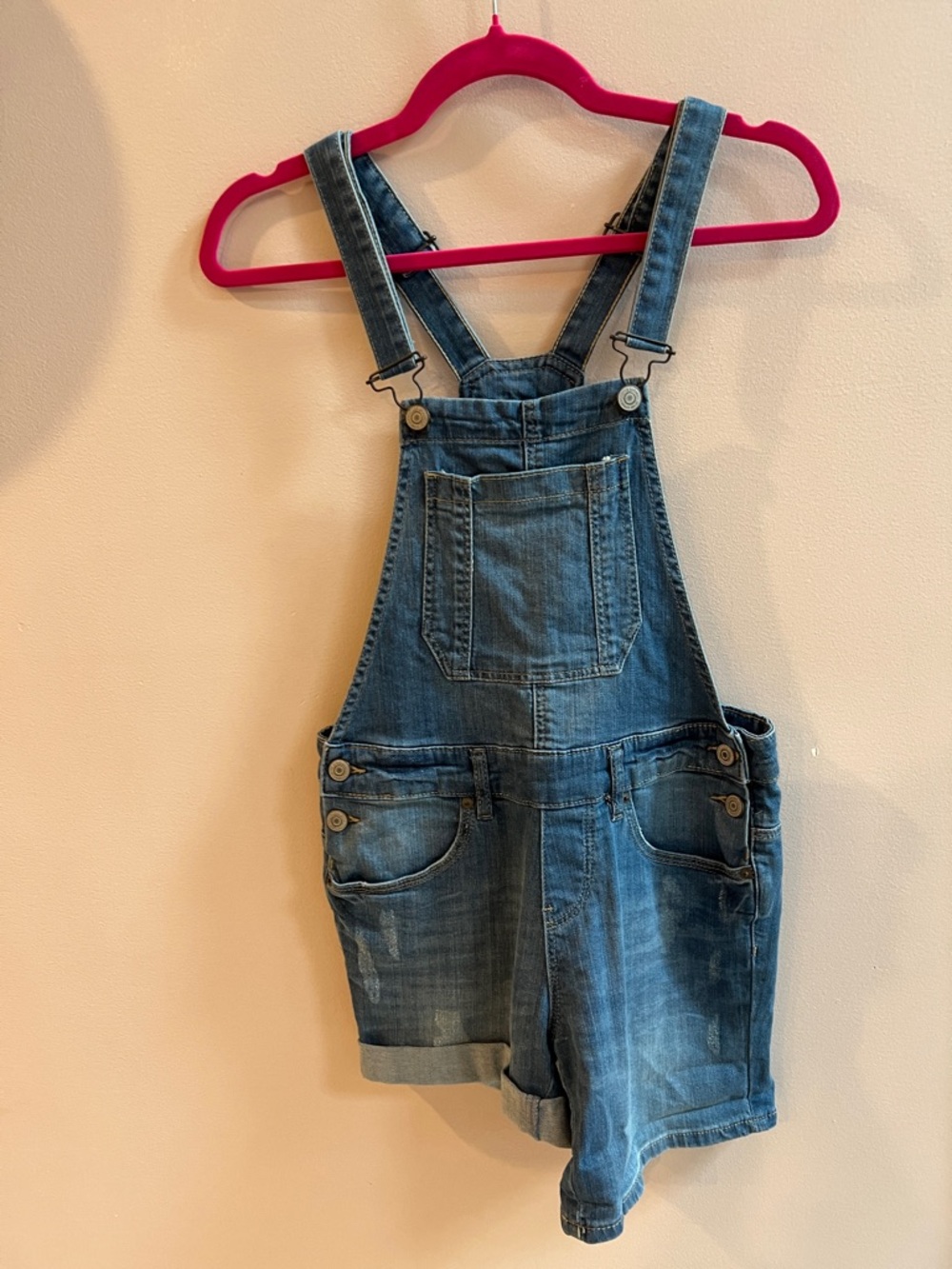 Denim Short Bib- Overalls Jumpsuit - Blue Size 4 . Fold Up Hem.